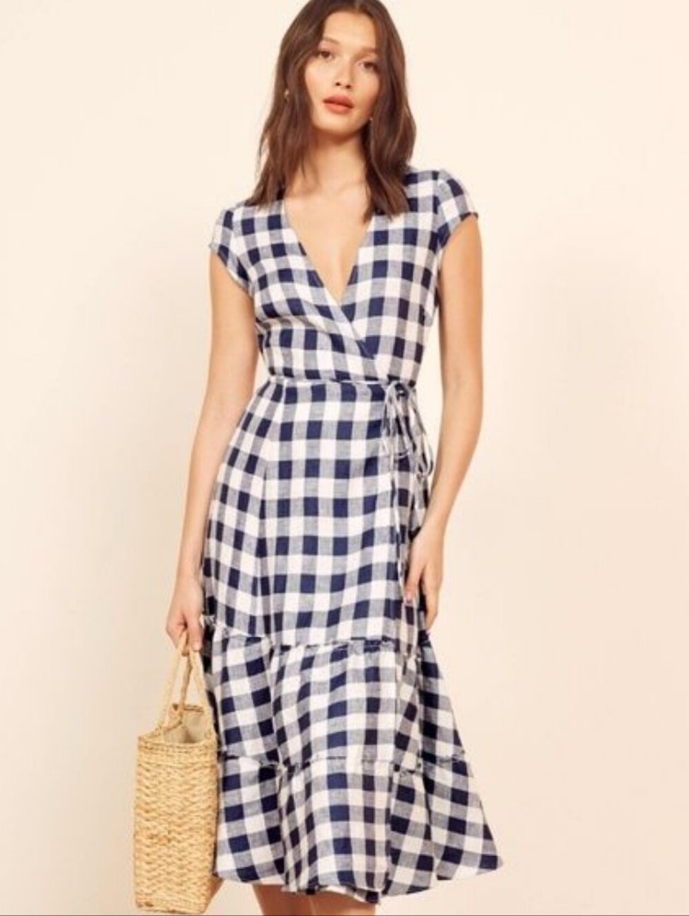 Reformation Calista Gingham Navy White Check Linen Midi Wrap Dress S